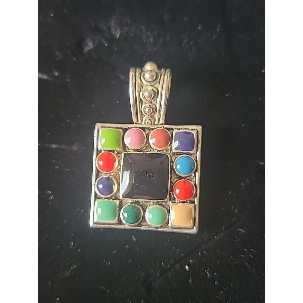 Vtg Marie Jennifer Square Multicolored Necklace Pendant Signed MJ